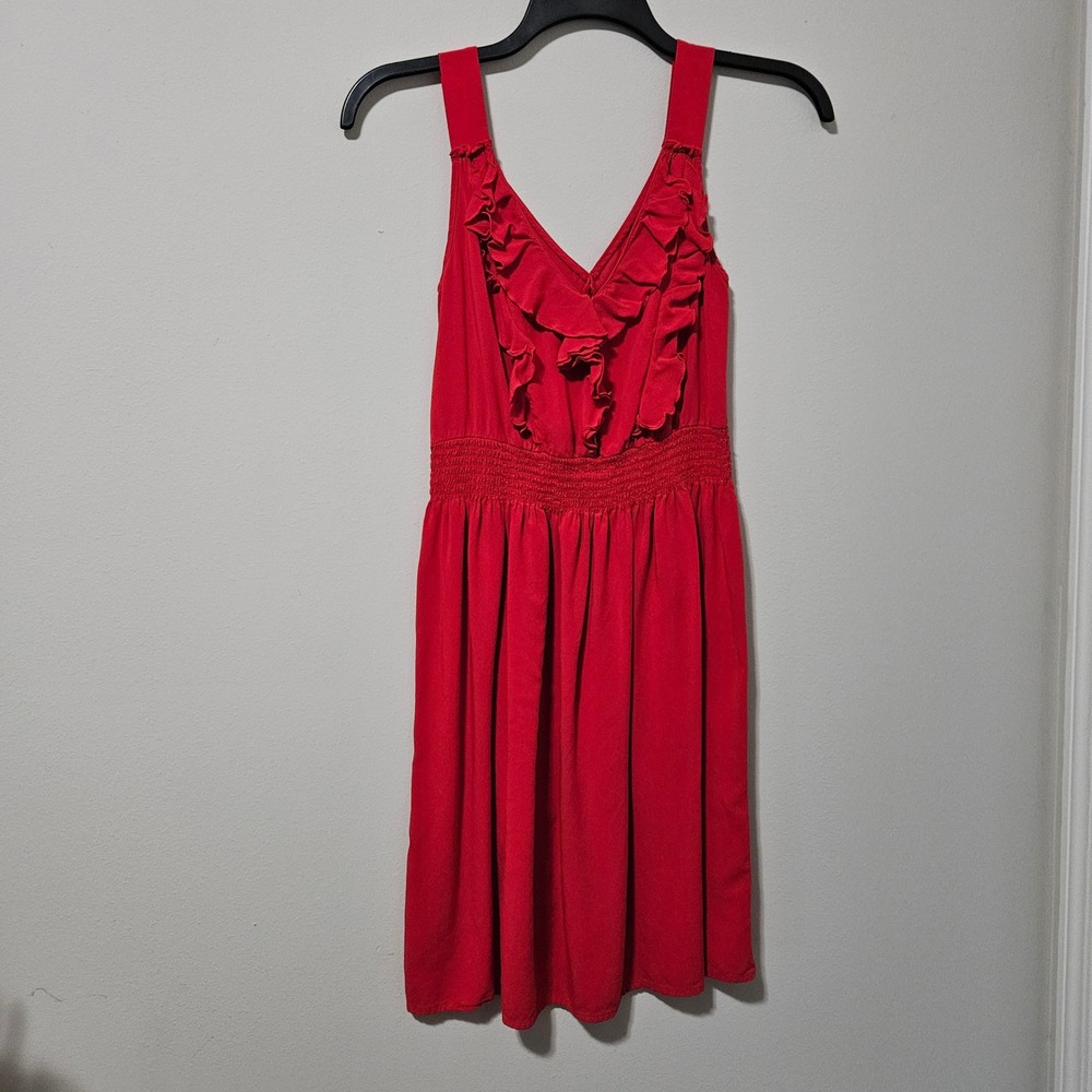 New Directions Womens Red Ruffle V-Neck Smocked Waist Rayon Mini Dress Size 6